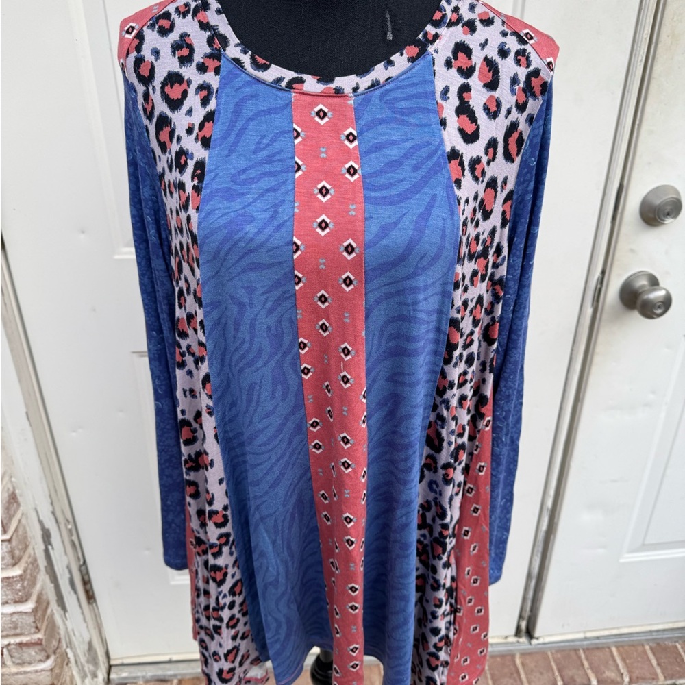 LOGO by Lori Goldstein, Leopard Print Tunic with Blue and Pink Accents, Size M